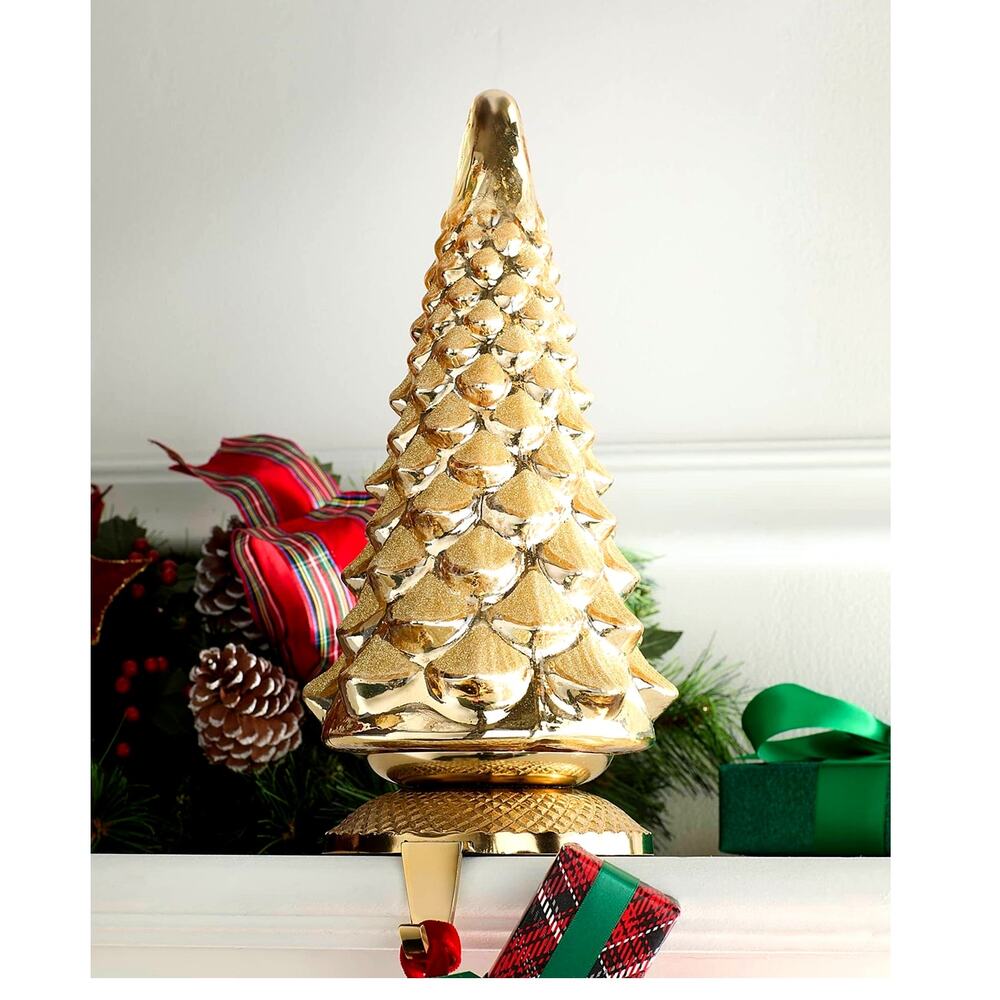 NEIMAN MARCUS Shiny Gold Tree Christmas Stocking Holder 11in Holiday Decor New